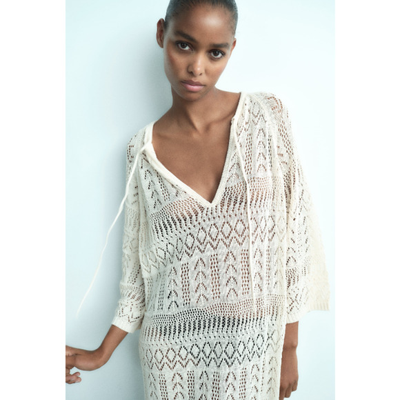 ZARA Crochet Maxi Dress Sheer Open Knit Long Sleeve Beach Cover Up Dress, Cream - Picture 3 of 14
